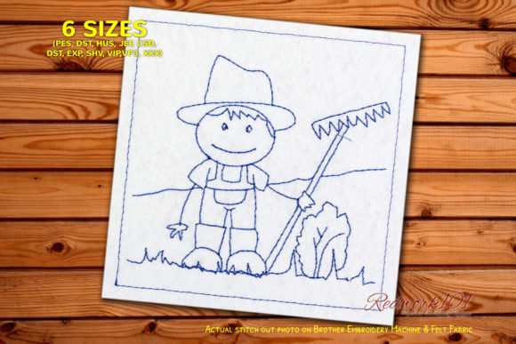 Farmer Boy Holding Rake Redwork Design Review